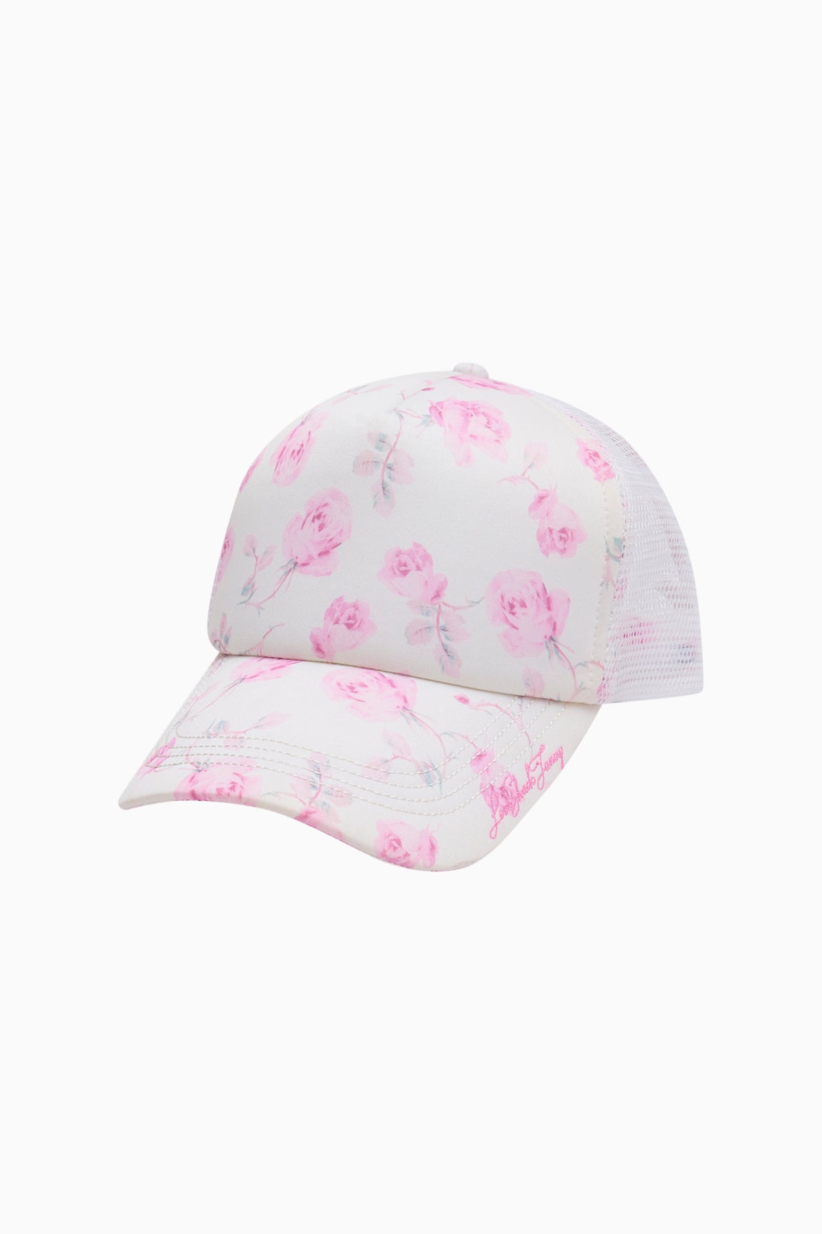 Floral print trucker hat with light pink crown and brim, pale purple mesh back