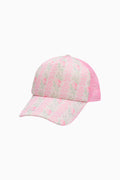 Floral print trucker hat with pale pink crown and brim, pink mesh side panels