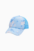 Floral print trucker hat with light blue crown and brim, blue mesh side panels
