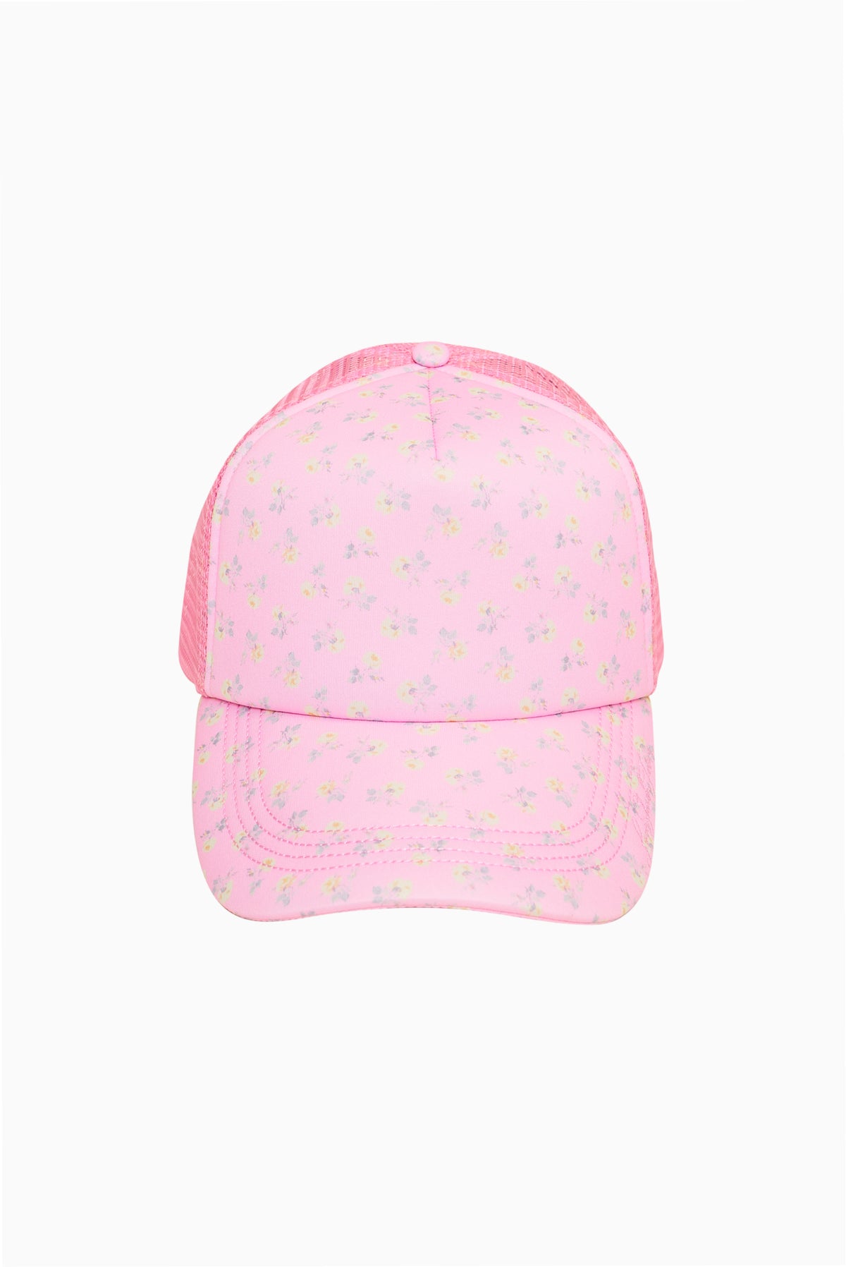 Pink patterned trucker hat with curved brim and mesh back