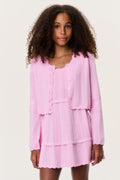 Tween pointelle cardigan, light pink button-front with layered ruffle trim