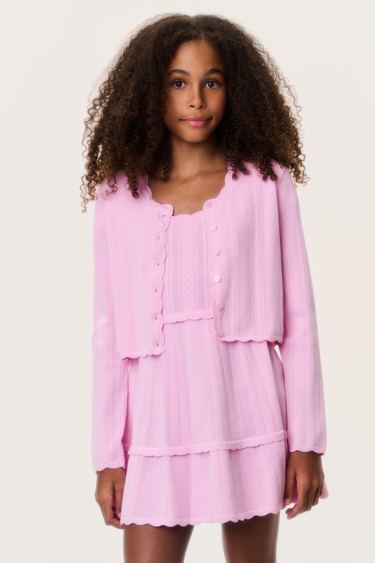 Tween pointelle cardigan, light pink button-front with layered ruffle trim