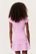 Tween stretch pointelle dress in light pink, short flutter sleeves, tiered hem