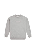 Gray crewneck pullover sweatshirt with small chest graphic