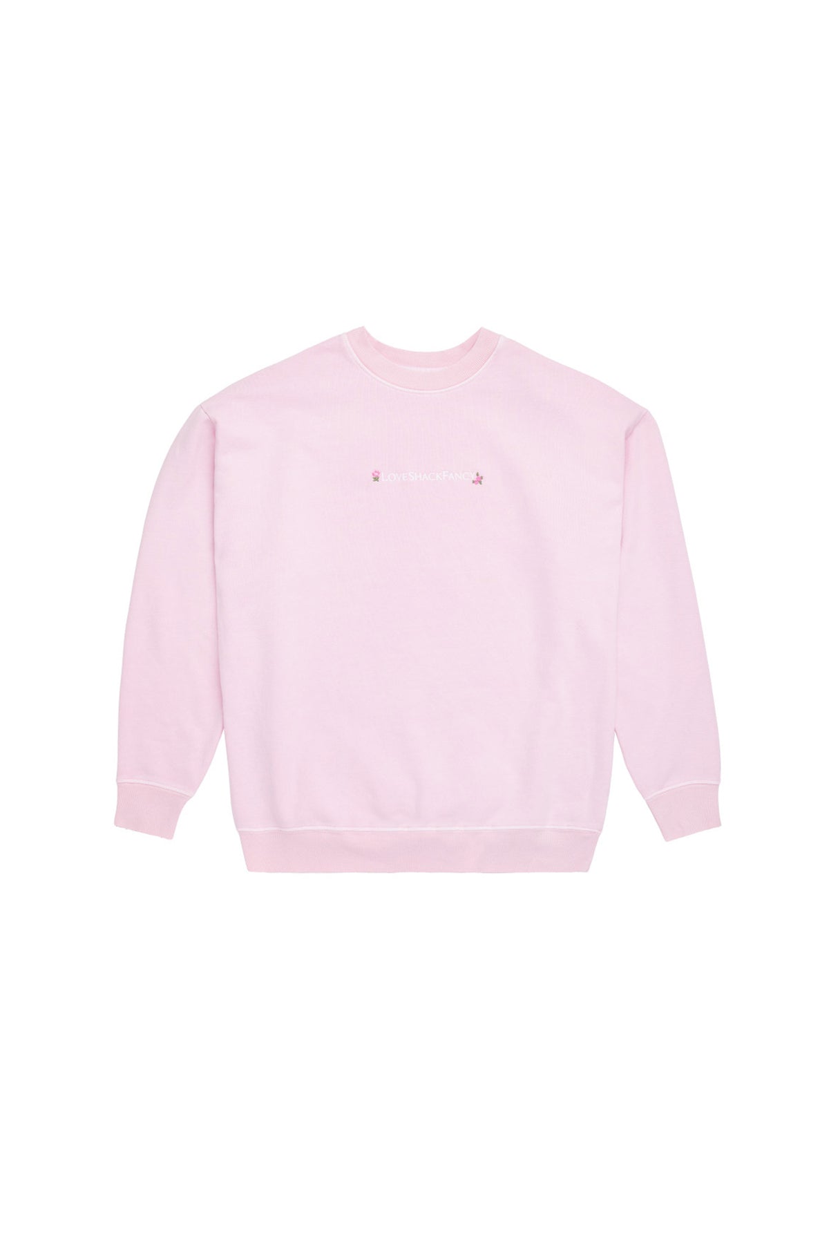 Light pink crewneck pullover sweatshirt with small chest logo graphic