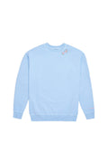 Light blue crewneck pullover sweatshirt with small floral chest graphic