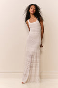 White pointelle maxi dress, sleeveless with thin straps and layered tiered skirt detail