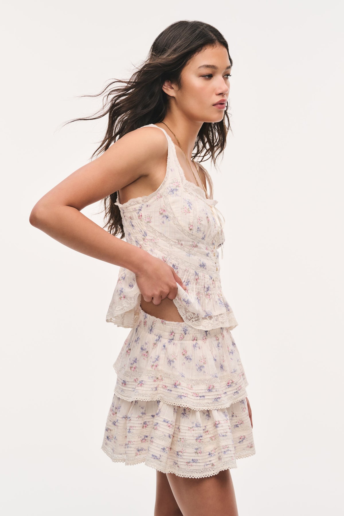 Antique vanilla floral cotton top with lace-trim straps and tiered ruffle hem