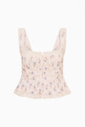 Antique vanilla floral cotton top with lace-trim square neckline and button front