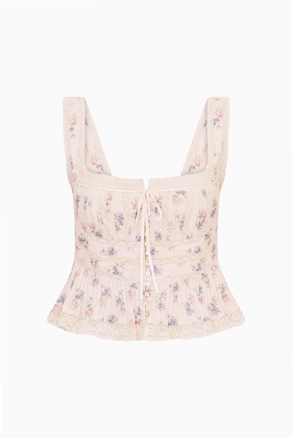 Antique vanilla floral cotton top with lace-trim square neckline and button front