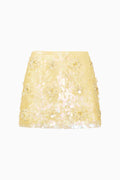 Pale lemon sequin mini skirt with floral motif, scalloped hem