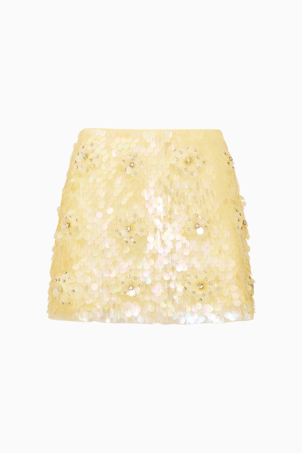 Pale lemon sequin mini skirt with floral motif, scalloped hem