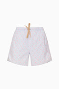 Men's swim shorts with light base and small red-and-blue print, drawstring tie
