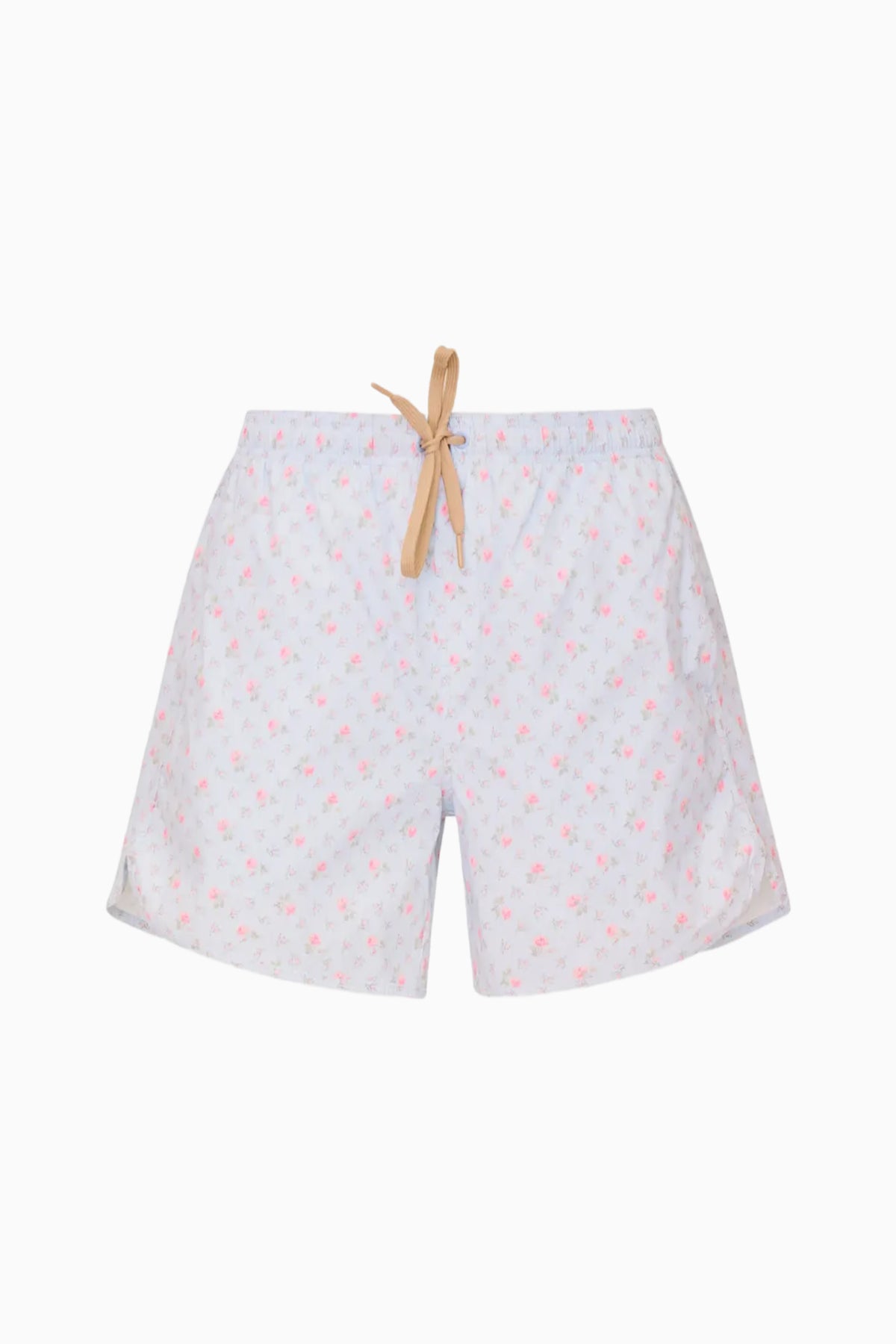 Men's swim shorts with light base and small red-and-blue print, drawstring tie