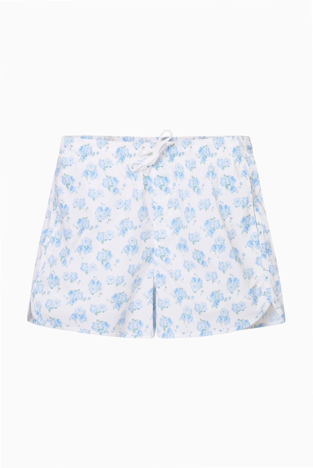 Mens light blue printed swim shorts with drawstring waist and side pockets