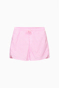 Mens pink patterned swim shorts with drawstring waist and relaxed fit