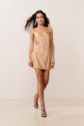 Gold satin celestial mini dress with thin straps and crystal star pattern, full length