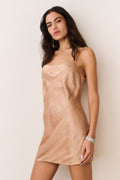 Gold satin celestial crystal star mini dress with thin straps and scoop neckline