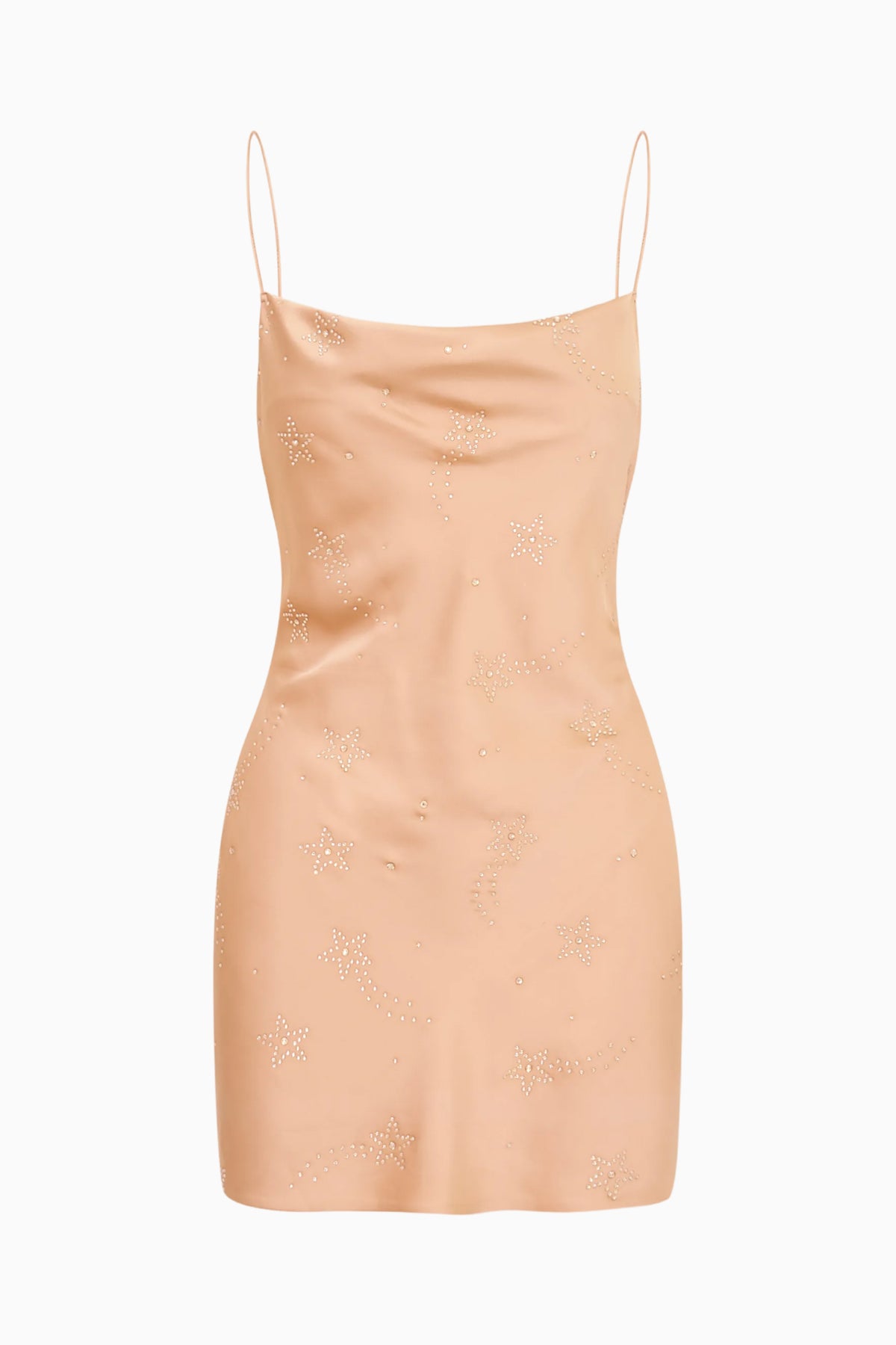 Gold satin mini dress with thin spaghetti straps and celestial crystal star print, front flat lay