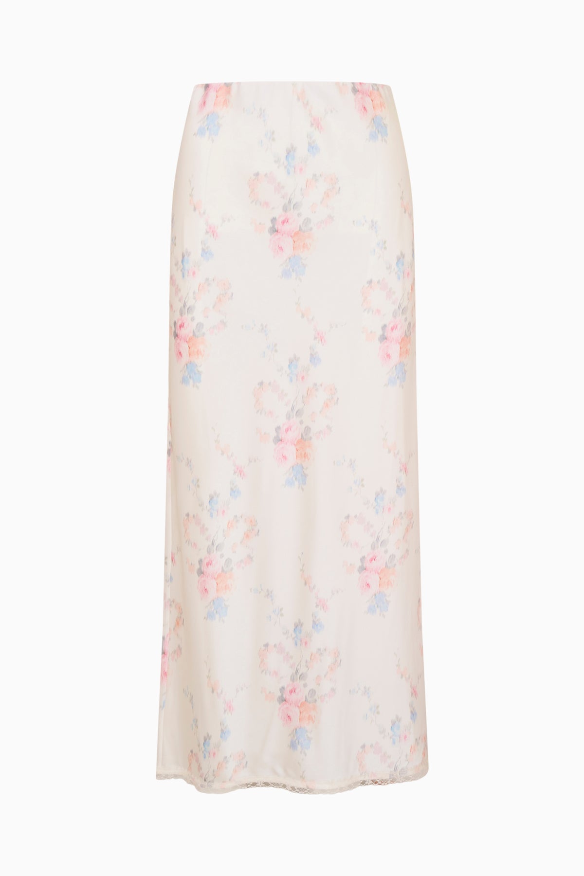 Floral print slip skirt with lace-trim hem, light pastel blue and pink