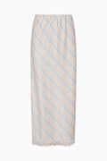 Light blue striped midi skirt with lace trim hem, straight pull-on fit
