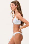 Floral blue bikini set with triangle top and matching bikini bottoms