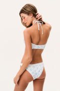 Blue floral bikini set from back view with halter tie straps