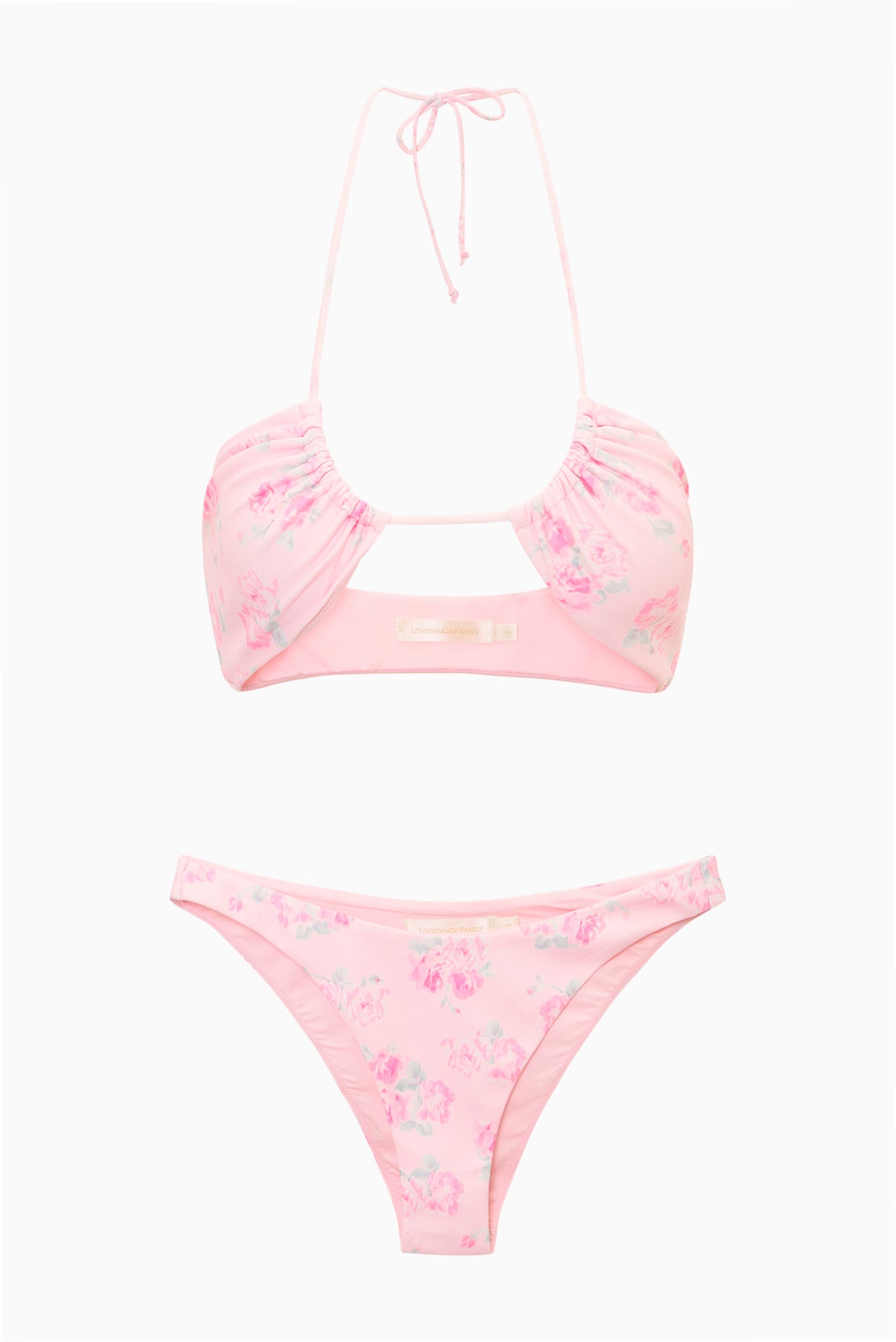Pink floral bikini set with tie halter triangle top and high-cut bottoms