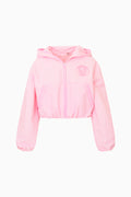 Pink gingham hooded windbreaker with full zip and swirl logo on chest, cropped length.