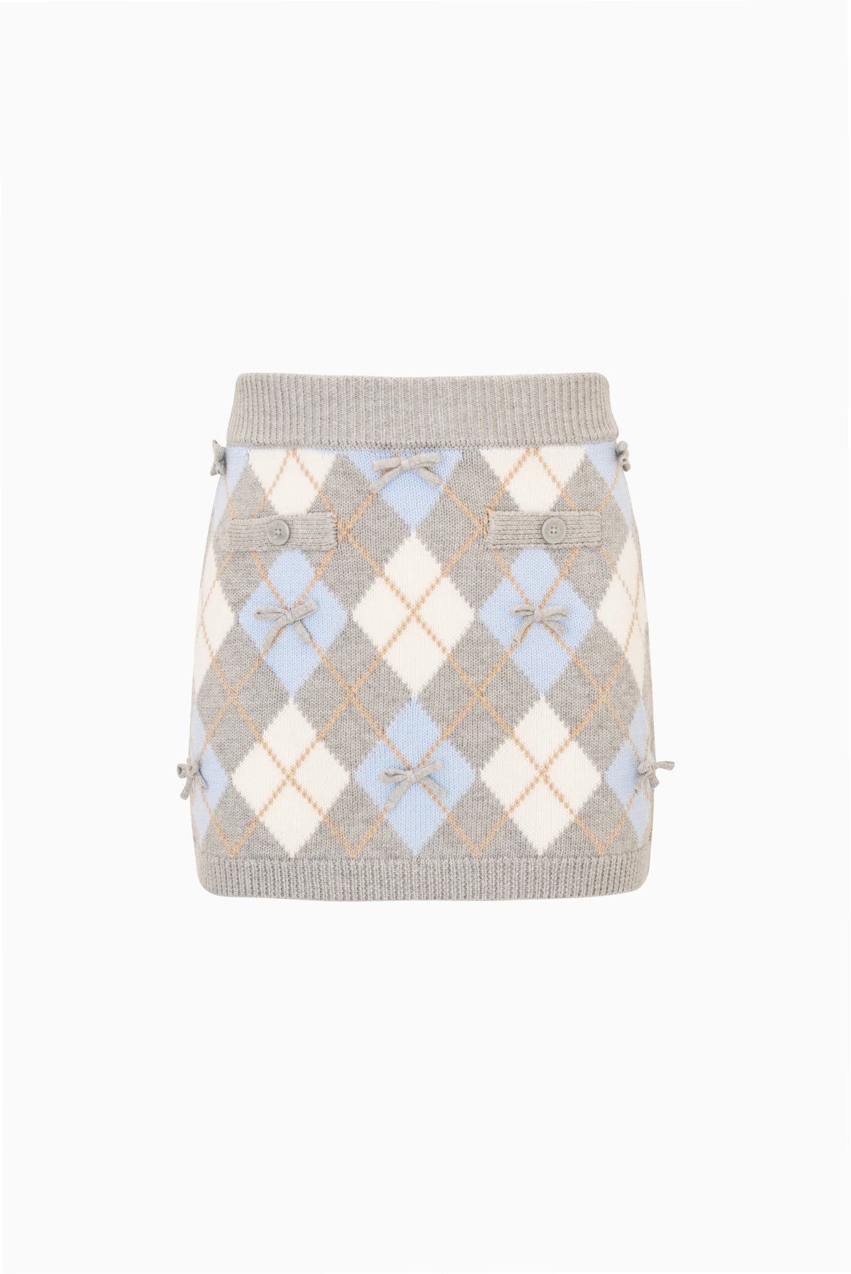 Flat knit tween skirt with light blue and white argyle, ribbed waistband and ties