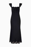Black lace ruffled-sleeve slip dress, front cutout with scalloped lace hem.