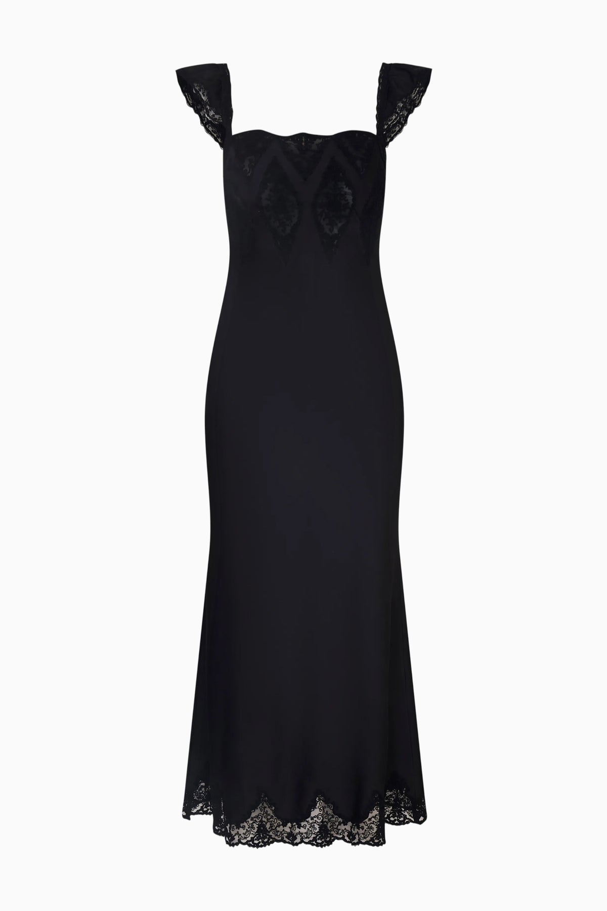 Black lace ruffled-sleeve slip dress, front cutout with scalloped lace hem.