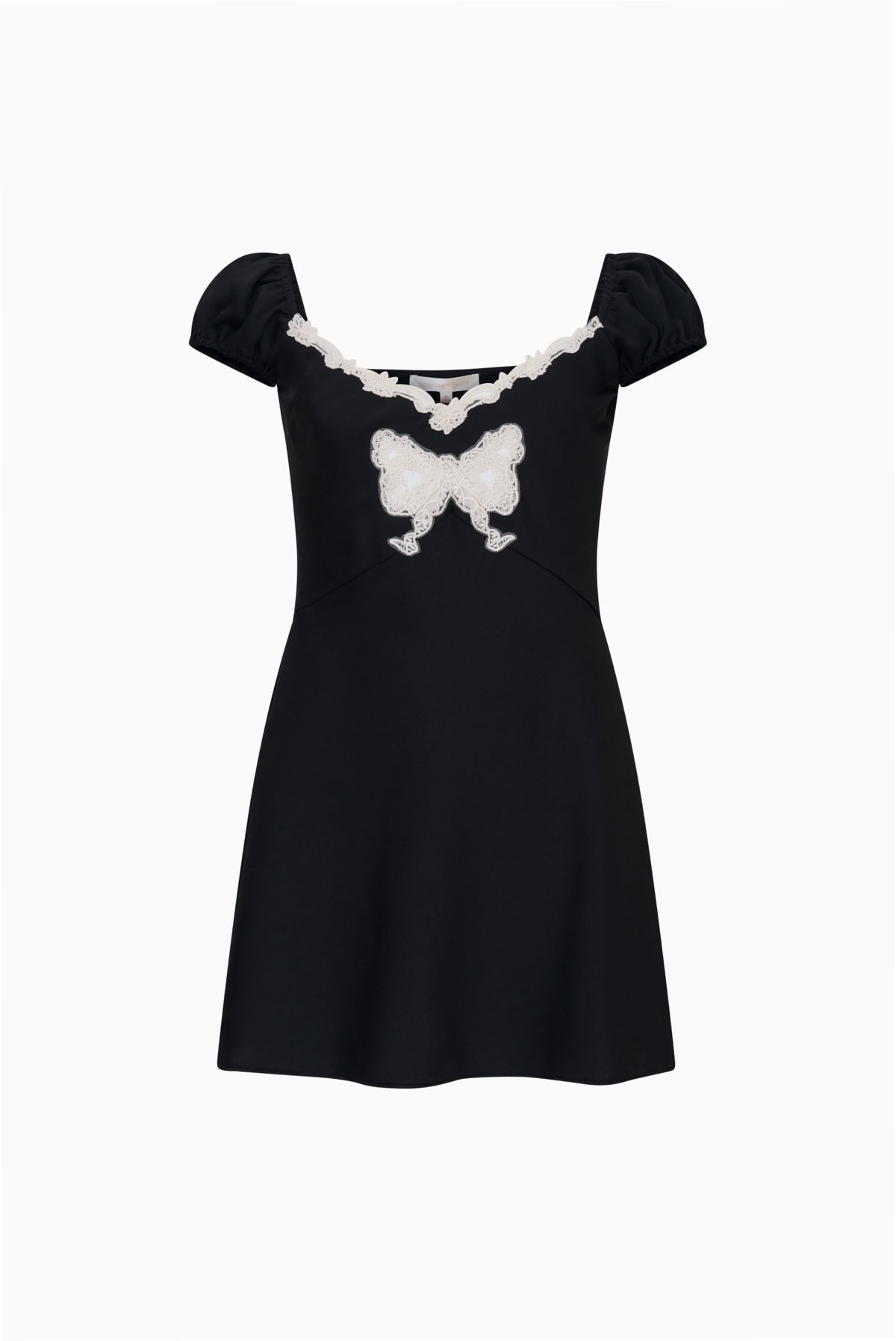 Tween Karola black mini dress with white lace bow and short puff sleeves
