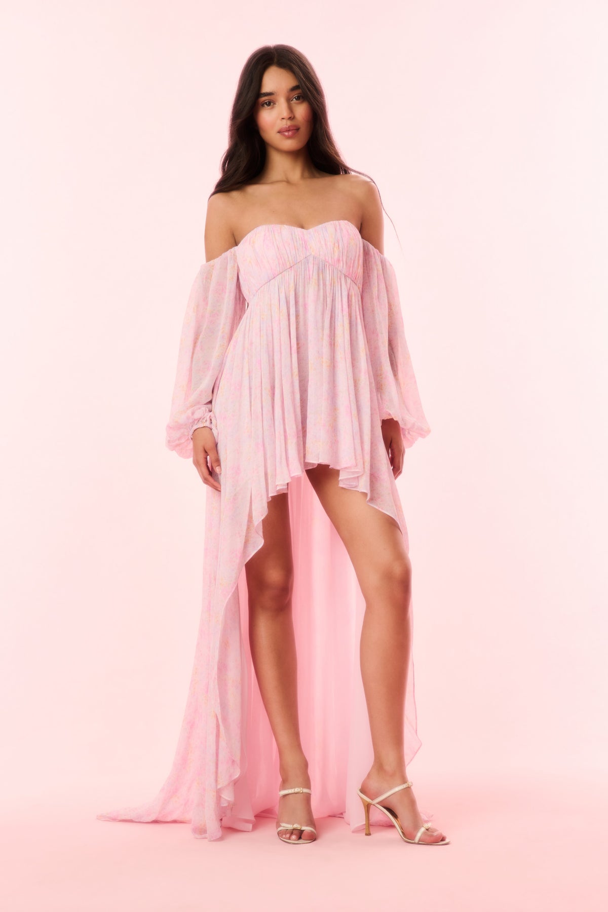 Light pink striped off-shoulder high-low dress with gathered bodice and asymmetrical hem