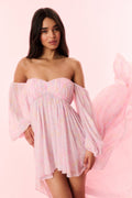 Light pink striped off-shoulder dress with elastic neckline and flared tiered skirt