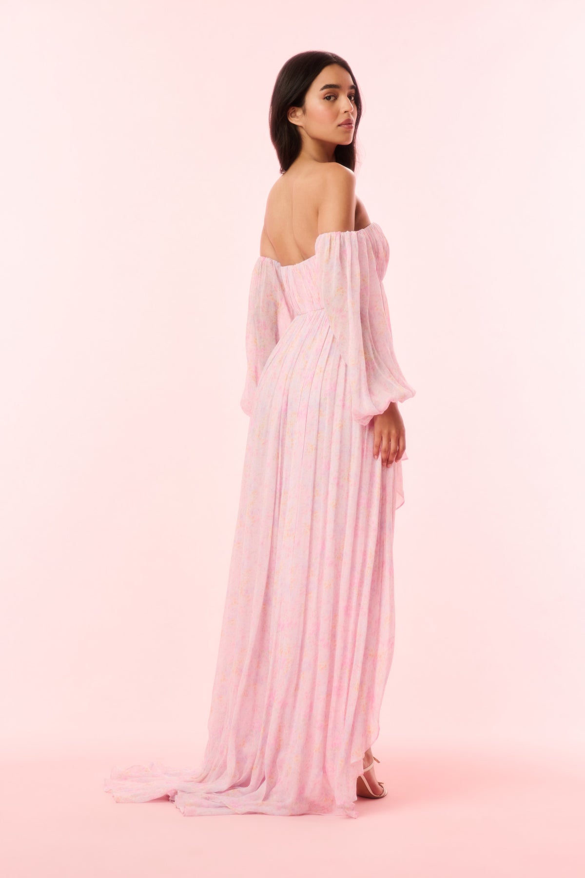 Light pink striped off-shoulder high-low maxi dress with loose gathered sleeves and draped hem