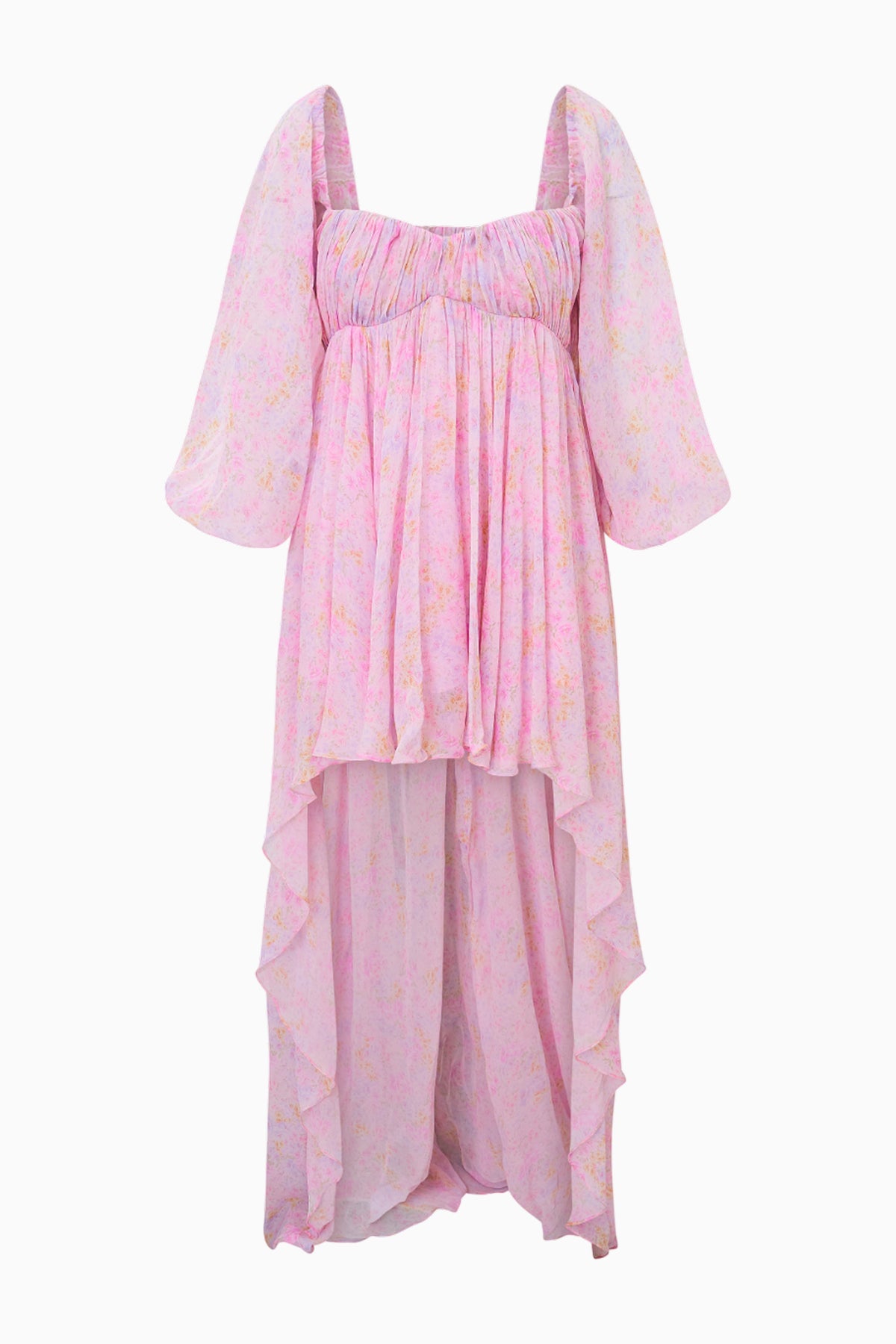 Light pink striped high-low dress with smocked bodice, off-shoulder neckline, flowy sleeves