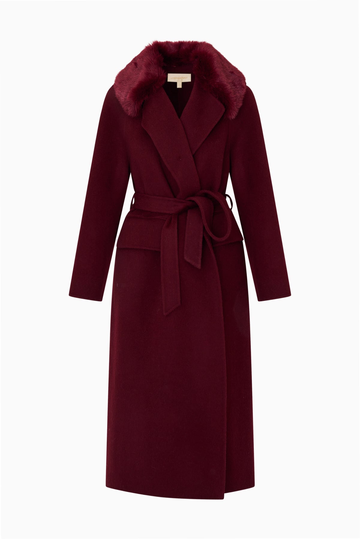 Dark merlot long wool coat with faux fur collar and tied waist belt, front view.