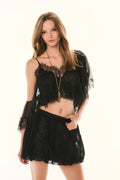 Black bubble mini skirt, gathered waistband and airy flared hem
