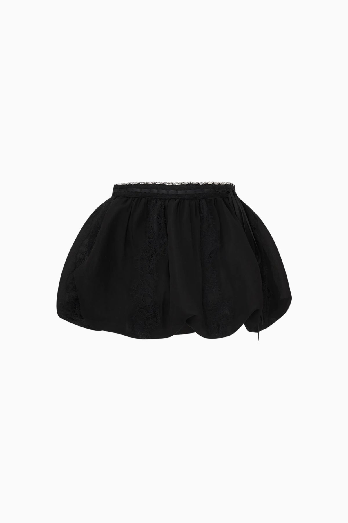 Black bubble skirt back view with elastic waist and rounded gathered hem
