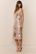 Gold sequin midi dress with thin straps and all-over sequins, side view