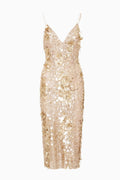 Gold sequin midi dress with V-neck and spaghetti straps