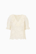 Alabaster sheer lace V-neck top with short sleeves, front view