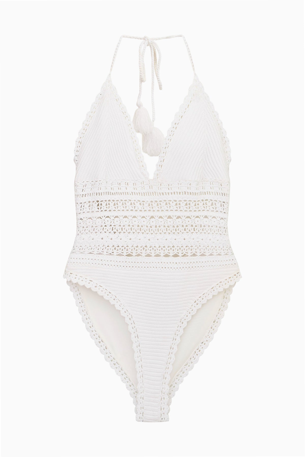 Off-white crochet one-piece swimsuit, halter tie straps, open back, and scalloped trim