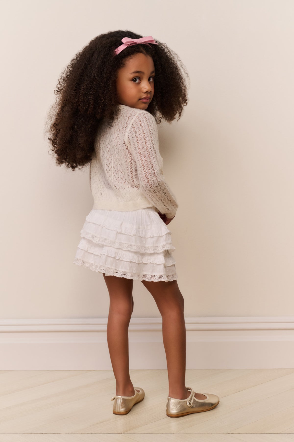 Girls knit alpaca-wool cardigan in white, long sleeves, textured front panel