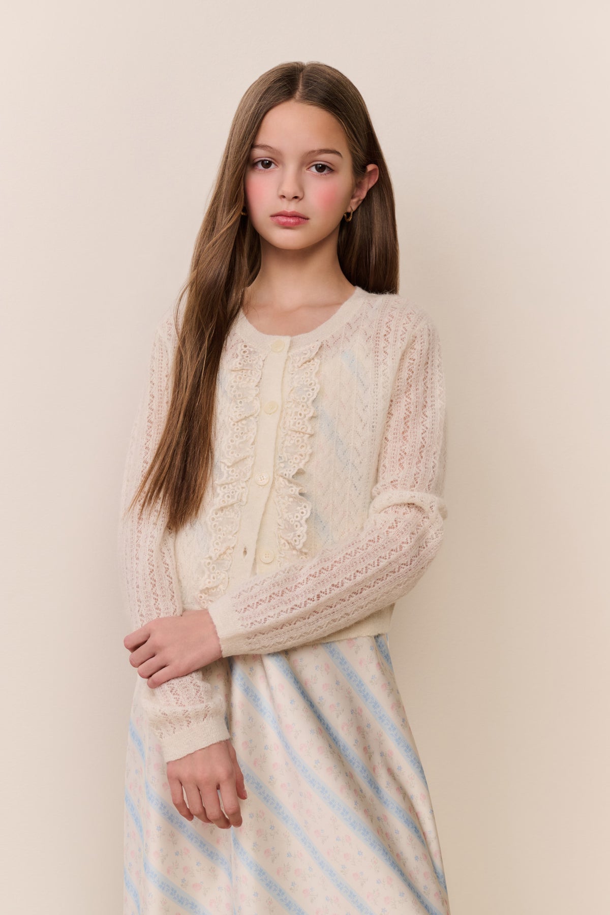 Tween pointelle knit cardigan, light cream, long sleeves, button-front with textured trim