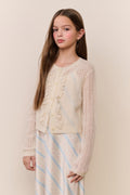 Tween pointelle knit cardigan, light cream, button-front detail and textured yoke