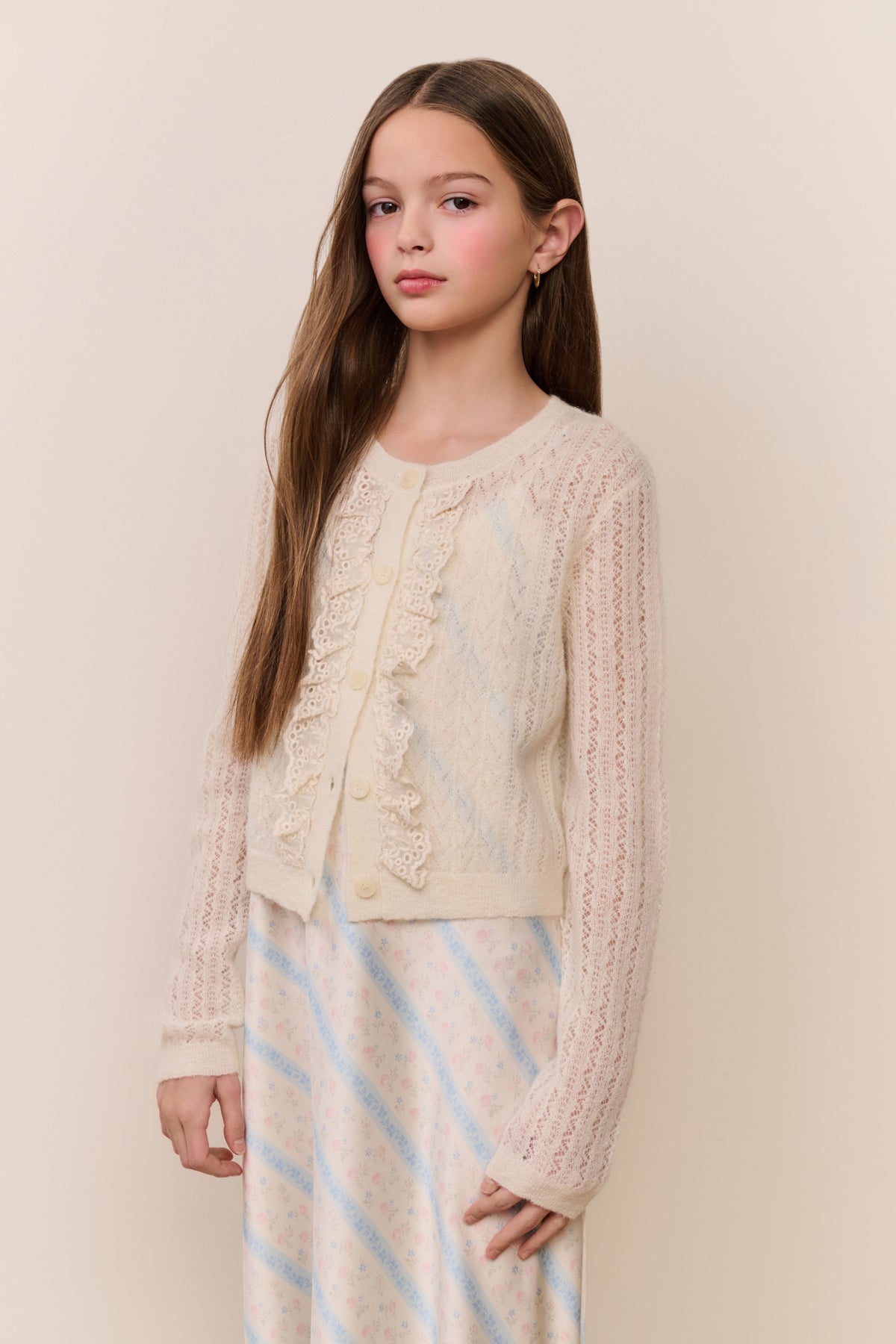 Tween pointelle knit cardigan, light cream, button-front detail and textured yoke