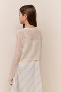 Pointelle knit cardigan for tweens, light cream, long sleeves, textured back view