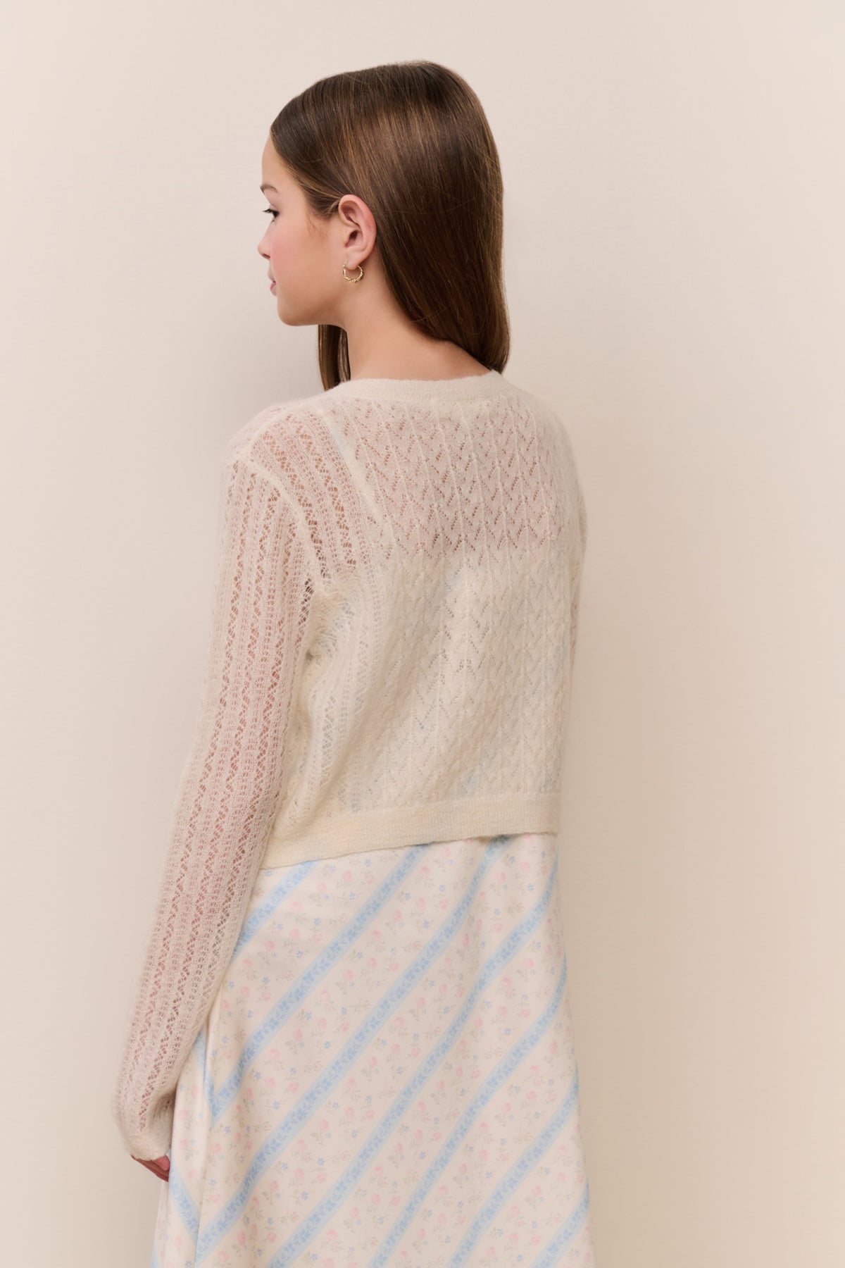 Pointelle knit cardigan for tweens, light cream, long sleeves, textured back view